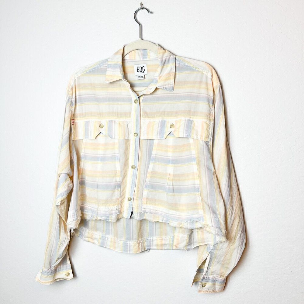 BDG Urban Outfitters Striped Cropped Boyfriend Frayed Hem Button Down Size XS